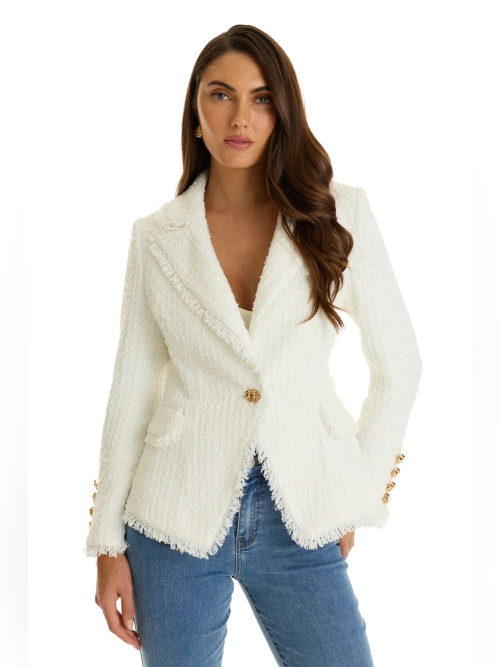 The Noli Shop GISELLE Single Breasted White Tweed Blazer - Picture 2 of 14